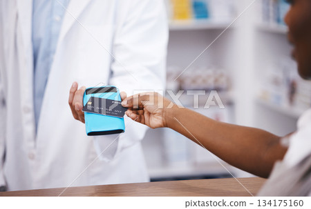 Pharmacy, credit card and payment with hands of people for retail, shopping and fintech banking service. Digital money, cashless and technology with machine and customer for electronic transaction 134175160