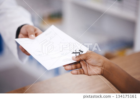 Pharmacy, receipt or hands of a pharmacist with a person for healthcare prescription papers in drugstore. Zoom or nurse giving customer payment details or doctors note for medical retail services 134175161