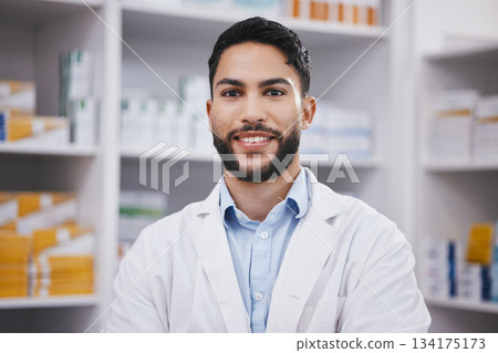 Pharmacy, pharmacist or portrait of man with smile in healthcare drugstore or hospital clinic alone. Face, wellness or happy male professional smiling by medication, medicine or shelf ready to help Pharmacy, pharmacist or portrait of man with smile in healthcare drugstore or hospital clinic alone. Face, wellness or happy male professional smiling by medication, medicine or shelf ready to help 134175173