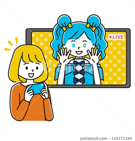 Illustration of a woman supporting a female idol who is live streaming 134175184