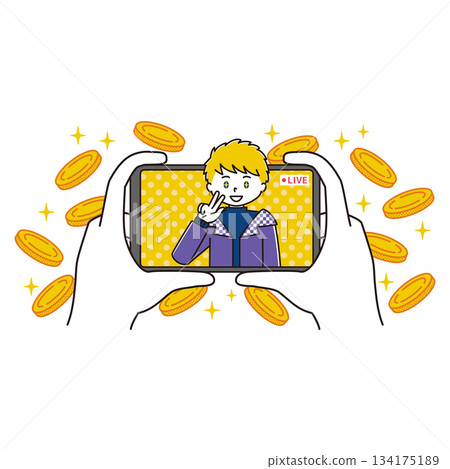 Illustration of a male idol live streaming and flying coins Illustration of a male idol live streaming and flying coins 134175189