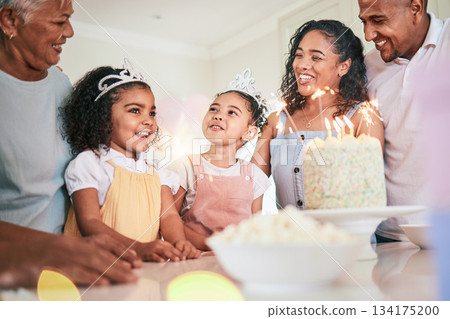 People singing happy birthday, family smile with celebration and cake at party with generations at home. Celebrate, together with dessert, happiness and grandmother with parents and children People singing happy birthday, family smile with celebration and cake at party with generations at home. Celebrate, together with dessert, happiness and grandmother with parents and children 134175200