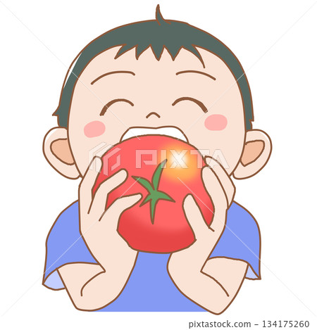 A boy biting into a large tomato 134175260