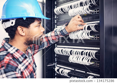 Electrician, switchboard or man check electric wires, electrical server or repair system, machine or circuit. Quality control inspection, maintenance industry or black person troubleshooting fuse Electrician, switchboard or man check electric wires, electrical server or repair system, machine or circuit. Quality control inspection, maintenance industry or black person troubleshooting fuse 134175286
