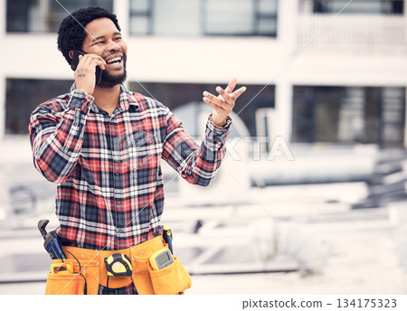 Phone call, contractor and laughing man talking, networking or speaking about funny conversation joke. Comedy chat, rooftop handyman or African maintenance person consulting with inspection contact Phone call, contractor and laughing man talking, networking or speaking about funny conversation joke. Comedy chat, rooftop handyman or African maintenance person consulting with inspection contact 134175323