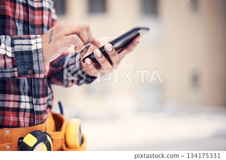 Phone, hands and maintenance man typing online search for repair instructions, guide manual or scroll on website ui. Outdoor mobile connection, smartphone mockup and male handyman check schedule info 134175331