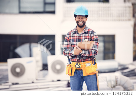 Engineering, portrait and man on clipboard for air conditioner maintenance, inspection or technician ac repair. Happy African person, handyman or electrician, electrical checklist and rooftop service 134175332