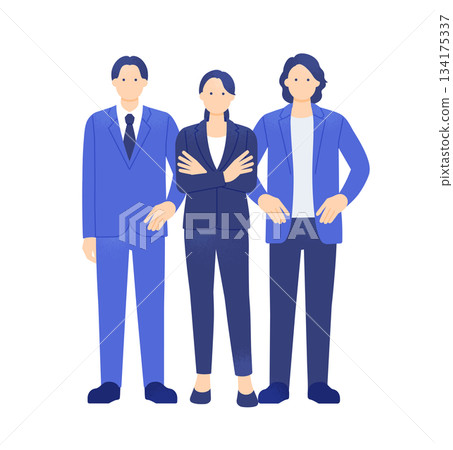 Full-body illustration of a female leader and a male business person with their arms crossed in the center. 134175337