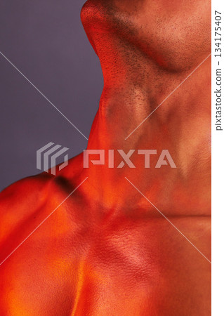 Beauty, skincare and neck of man in studio for cosmetics, self care and grooming on purple background. Creative aesthetic, glow and closeup of male model for healthy skin, wellness and sensual pose Beauty, skincare and neck of man in studio for cosmetics, self care and grooming on purple background. Creative aesthetic, glow and closeup of male model for healthy skin, wellness and sensual pose 134175407