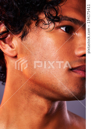 Face, beauty and man model jaw with skincare, self care and smooth skin isolated in a gray studio background. Head, Latino and serious male person with cosmetic, dermatology and facial treatment Face, beauty and man model jaw with skincare, self care and smooth skin isolated in a gray studio background. Head, Latino and serious male person with cosmetic, dermatology and facial treatment 134175411