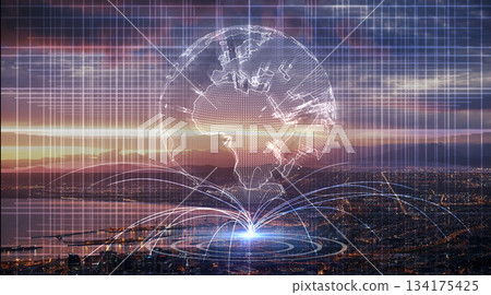 Earth hologram, night and connectivity with skyscraper, city network or iot infrastructure development in Cape Town. Metro, cbd and skyline with 3d holographic globe for big data, metaverse or tech Earth hologram, night and connectivity with skyscraper, city network or iot infrastructure development in Cape Town. Metro, cbd and skyline with 3d holographic globe for big data, metaverse or tech 134175425