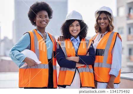 Happy, arms crossed and portrait of architects on a site for construction work, building and engineering. Smile, teamwork and female builders in collaboration for an industrial project in the city 134175492