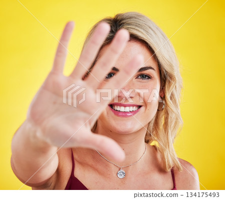 Palm, frame and portrait of woman with hands on yellow background saying stop or no with body language and natural cosmetics. Beauty, happiness and face of happy person with confidence in studio Palm, frame and portrait of woman with hands on yellow background saying stop or no with body language and natural cosmetics. Beauty, happiness and face of happy person with confidence in studio 134175493
