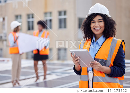 Solar panels, engineering and portrait of woman and tablet for planning, renewable energy and leadership. Sustainability, technology and photovoltaic maintenance with female engineer for inspection 134175522
