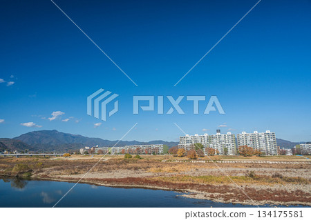 初冬時節,京都桂川左岸的公寓大樓群景色 初冬時節,京都桂川左岸的公寓大樓群景色 134175581