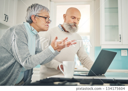 Laptop, stress and investment with a senior couple feeling anxiety about their pension or retirement fund. Computer, finance and accounting with old people problem solving their savings or budget Laptop, stress and investment with a senior couple feeling anxiety about their pension or retirement fund. Computer, finance and accounting with old people problem solving their savings or budget 134175604