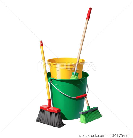 Cleaning tools: broom and bucket 134175651