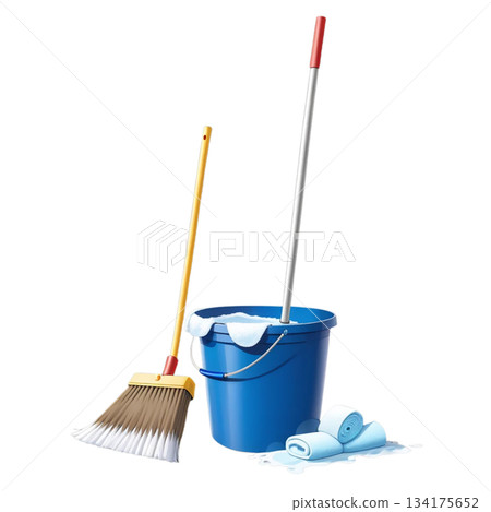 Cleaning tools: blue bucket and broom 134175652