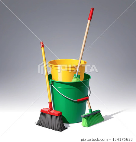 Cleaning tools: broom and bucket 134175653