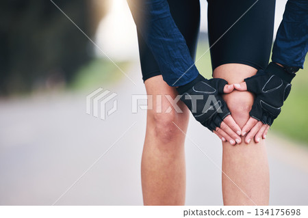 Hands, knee pain and sports injury with woman in nature for running, training and workout. Emergency, accident and joint inflammation with female runner in outdoors for muscle, mockup and bruise 134175698