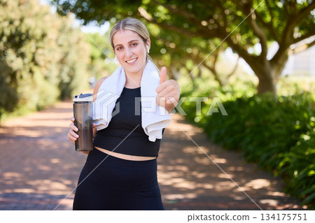 Portrait, happy woman or thumbs up for fitness, nature or healthy running workout exercise with smile. Girl athlete runner smiling showing thumbsup for training, wellness or exercising in a park Portrait, happy woman or thumbs up for fitness, nature or healthy running workout exercise with smile. Girl athlete runner smiling showing thumbsup for training, wellness or exercising in a park 134175751