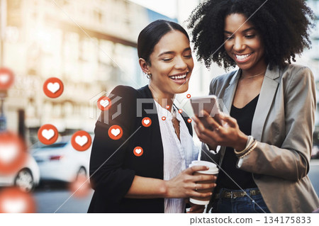 City, social media icon or women with phone for communication, online content or gossip news. Black woman, friends or happy people on mobile app or digital network with memes, like or heart emoji City, social media icon or women with phone for communication, online content or gossip news. Black woman, friends or happy people on mobile app or digital network with memes, like or heart emoji 134175833