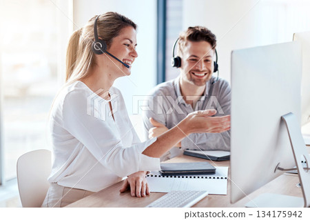 Computer, collaboration and call center with a team consulting while working in customer service for support. Teamwork, crm or contact us with man and woman consultant employees at work in an office Computer, collaboration and call center with a team consulting while working in customer service for support. Teamwork, crm or contact us with man and woman consultant employees at work in an office 134175942