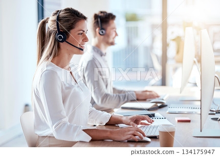 Call center, computer and business with woman in office for customer service, technical support and advice. Technology, contact us and communication with employee operator in help desk agency 134175947