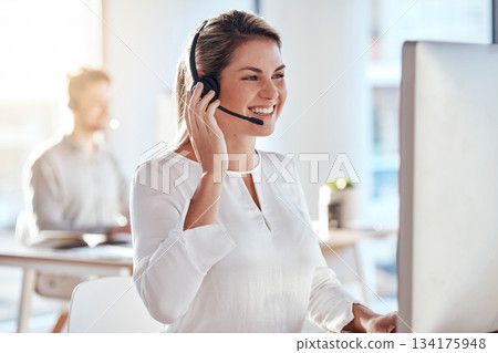 Call center, computer and friendly with woman in office for customer service, technical support and advice. Technology, contact us and communication with employee operator in help desk agency 134175948