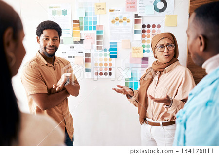 Planning, collaboration and presentation with business partners talking to their team in the office. Creative, strategy and teamwork with a female manager teaching or coaching an employee group Planning, collaboration and presentation with business partners talking to their team in the office. Creative, strategy and teamwork with a female manager teaching or coaching an employee group 134176011