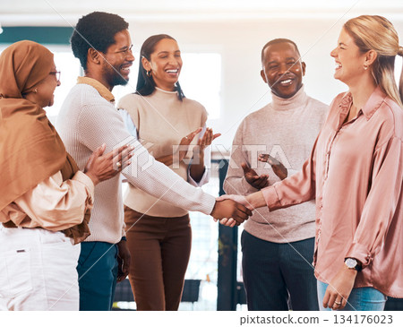 Business people, clapping and diversity handshake in meeting celebration, success promotion or partnership. Professional hiring, woman shaking hands or b2b onboarding, congratulations and happy deal 134176023