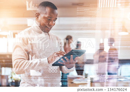 Business man, tablet and overlay graphic in office for fintech app, budget and cybersecurity at startup. African businessman, mobile touchscreen and financial data with holographic ux for planning Business man, tablet and overlay graphic in office for fintech app, budget and cybersecurity at startup. African businessman, mobile touchscreen and financial data with holographic ux for planning 134176024