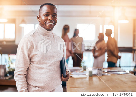 Business, portrait and happy black man in busy office for management, motivation and commitment to company. Male manager, leadership and smile with confidence, happiness and entrepreneur in agency 134176041