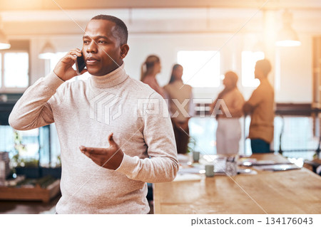 Business, focused man and phone call on cellphone in busy office for communication, networking and contact. Black male talking on smartphone for conversation, mobile consulting or planning management 134176043