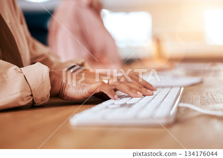 Business woman, hands and computer typing for network update, online insight and internet in office. Closeup of employee, desktop keyboard and research on technology, data planning and administration Business woman, hands and computer typing for network update, online insight and internet in office. Closeup of employee, desktop keyboard and research on technology, data planning and administration 134176044