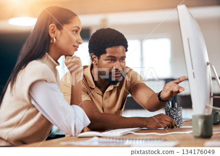 Teamwork, computer and assistance with a business man helping a woman colleague in the office. Collaboration, help and advice with a female employee asking a male coworker to explain a work task Teamwork, computer and assistance with a business man helping a woman colleague in the office. Collaboration, help and advice with a female employee asking a male coworker to explain a work task 134176049