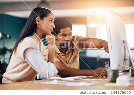 Collaboration, computer and assistance with a business man helping a woman colleague in the office. Teamwork, help and advice with a female employee asking a male coworker to explain a work task Collaboration, computer and assistance with a business man helping a woman colleague in the office. Teamwork, help and advice with a female employee asking a male coworker to explain a work task 134176060
