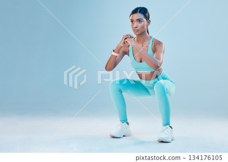 Fitness, focus and mockup with a sports woman in studio on a gray background for health or wellness. Exercise, mindset and space with a young female athlete training for a healthy body or lifestyle Fitness, focus and mockup with a sports woman in studio on a gray background for health or wellness. Exercise, mindset and space with a young female athlete training for a healthy body or lifestyle 134176105