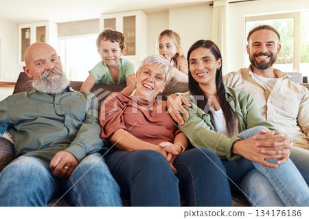Portrait, love and family on couch, smile and bonding on weekend break, cheerful and relax in living room. Face, grandparents and mother with father, children and siblings on sofa, rest and joyful Portrait, love and family on couch, smile and bonding on weekend break, cheerful and relax in living room. Face, grandparents and mother with father, children and siblings on sofa, rest and joyful 134176186