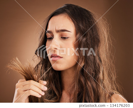 Split ends, hair damage and woman in studio for frustrated, crisis and textures with salon treatment. Beauty, repair and haircut with female model on brown background for keratin and cosmetology Split ends, hair damage and woman in studio for frustrated, crisis and textures with salon treatment. Beauty, repair and haircut with female model on brown background for keratin and cosmetology 134176203