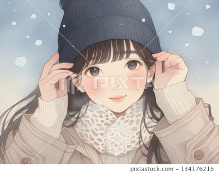 冬日少女水彩插畫 11 134176216