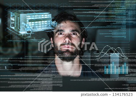 Architecture, hologram and business man with data analytics, focus and overlay for digital solution at night. Engineering, coding software and holographic screen of person in cyber security research Architecture, hologram and business man with data analytics, focus and overlay for digital solution at night. Engineering, coding software and holographic screen of person in cyber security research 134176523