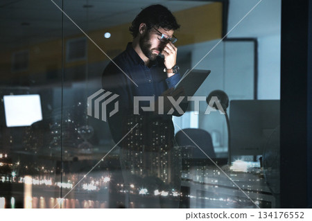 Business man, tablet and headache, stress or migraine in office by widow with city lights at night. Technology, fatigue and person with depression, burnout or anxiety, pain or brain fog with deadline 134176552