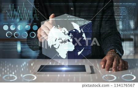 Hands, touch world and tablet hologram with digital overlay for global technology, statistics and graphs. 3d, globe and business man with touchscreen for futuristic earth, planet or cube with data. Hands, touch world and tablet hologram with digital overlay for global technology, statistics and graphs. 3d, globe and business man with touchscreen for futuristic earth, planet or cube with data. 134176567