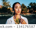 Mimosa flowers and Japanese woman 134176587