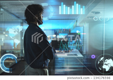 Monitor hologram, business man and information technology, data analytics or global networking of graphs and charts. Person with digital, night holographic or overlay statistics, globe and 3d screen Monitor hologram, business man and information technology, data analytics or global networking of graphs and charts. Person with digital, night holographic or overlay statistics, globe and 3d screen 134176598