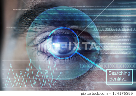 Identity, hologram or man with eye scan in digital cybersecurity technology for Information database. Biometric laser, ai innovation or zoom of searching word in recognition or verification sensor Identity, hologram or man with eye scan in digital cybersecurity technology for Information database. Biometric laser, ai innovation or zoom of searching word in recognition or verification sensor 134176599