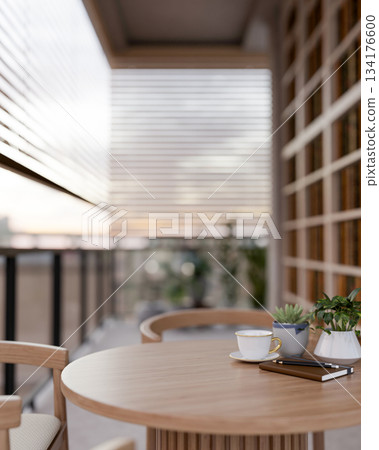 Coffee and notebook with pot plants on wooden table at balcony or terrace with blinds and evening sky. Coffee and notebook with pot plants on wooden table at balcony or terrace with blinds and evening sky. 134176600