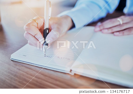 Notebook, pen and hands writing ideas, planning schedule and research notes for start up business idea. Journal, brainstorming and commitment, hand of woman writer on diary or note on project plan. Notebook, pen and hands writing ideas, planning schedule and research notes for start up business idea. Journal, brainstorming and commitment, hand of woman writer on diary or note on project plan. 134176717