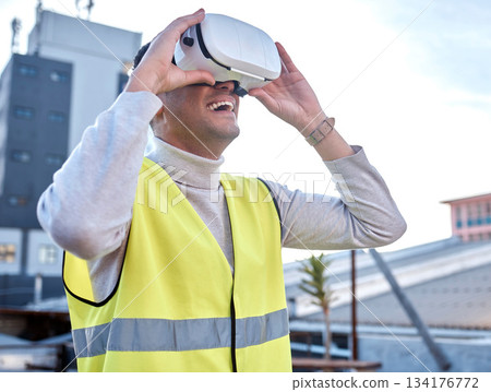 Happy man, architect or VR building with smile in city for construction, simulation or digital layout on site. Male contractor, engineer or builder excited for virtual reality or 3d architecture plan Happy man, architect or VR building with smile in city for construction, simulation or digital layout on site. Male contractor, engineer or builder excited for virtual reality or 3d architecture plan 134176772